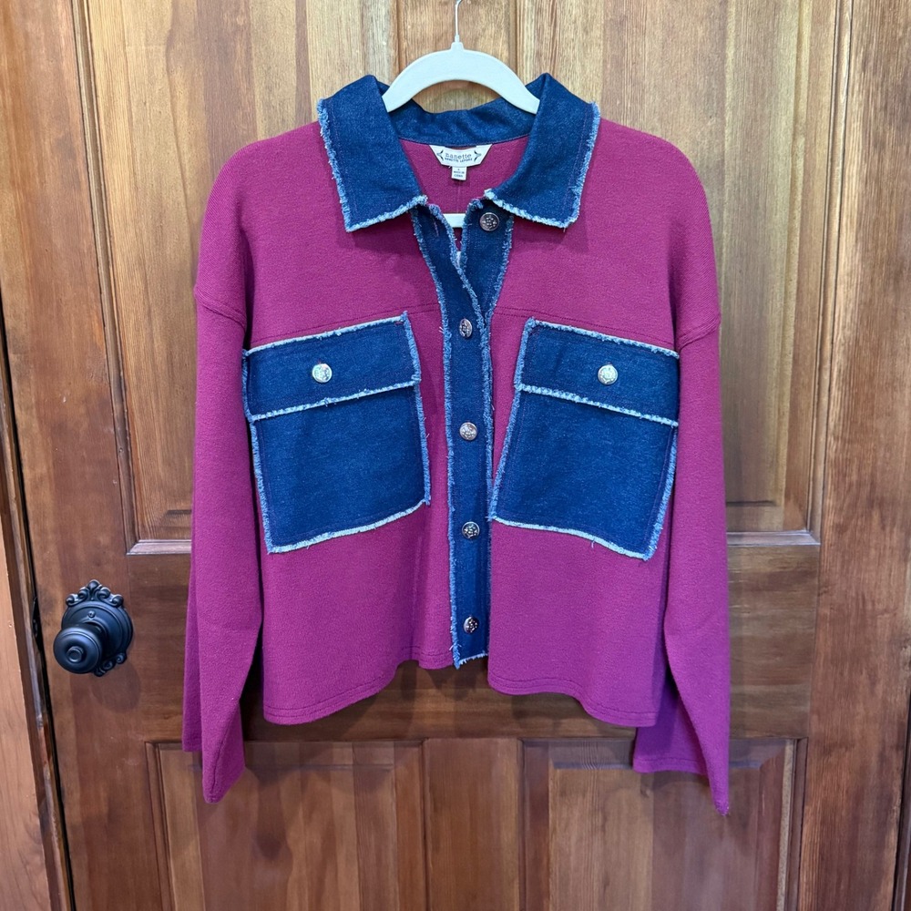 Nanette Nanette Lepore Womens Berry Knit Denim Trim Shacket Jacket NWT Size L‎